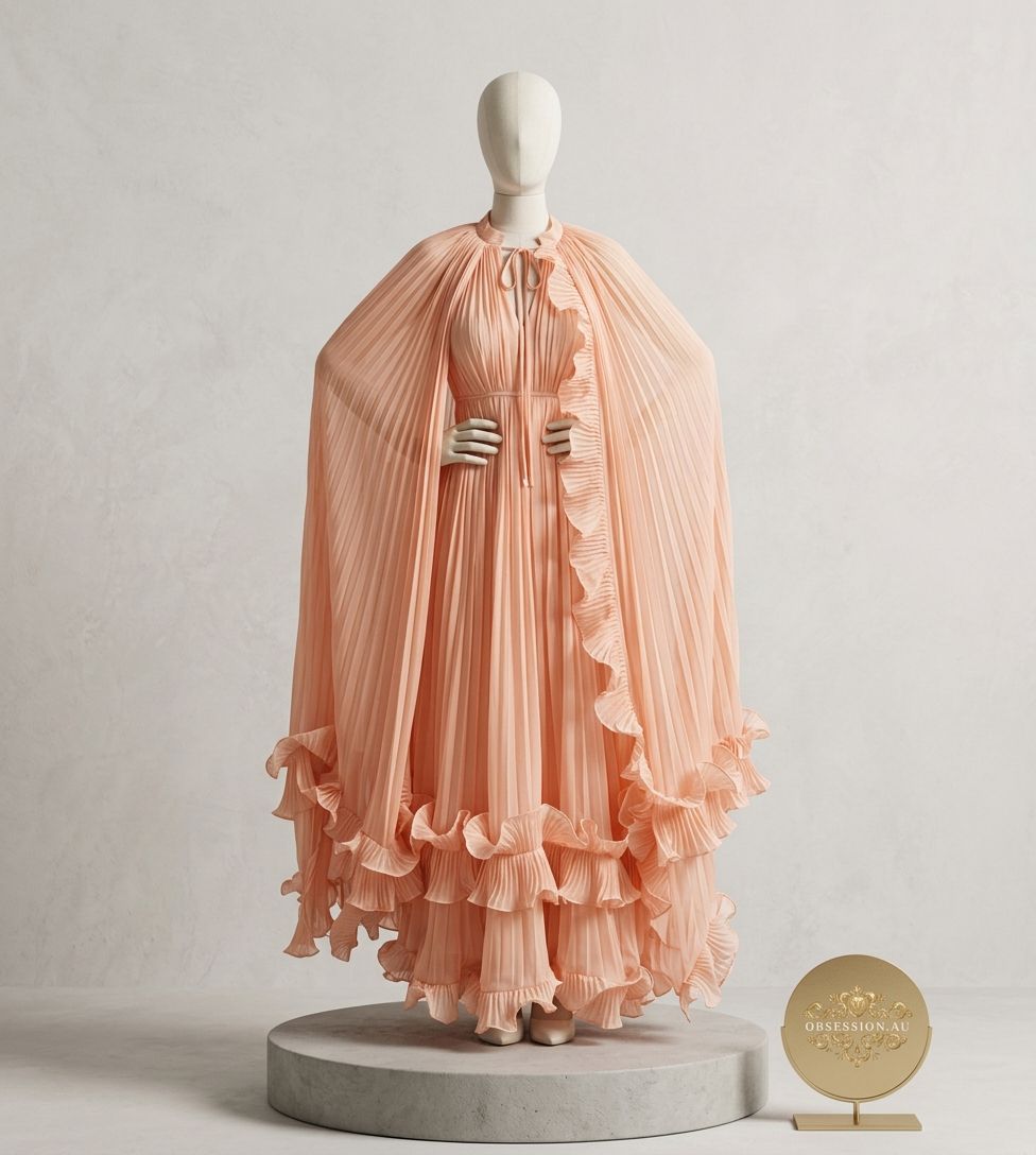Pleated Chiffon Capelet Maxi Gown with Tiered Ruffles