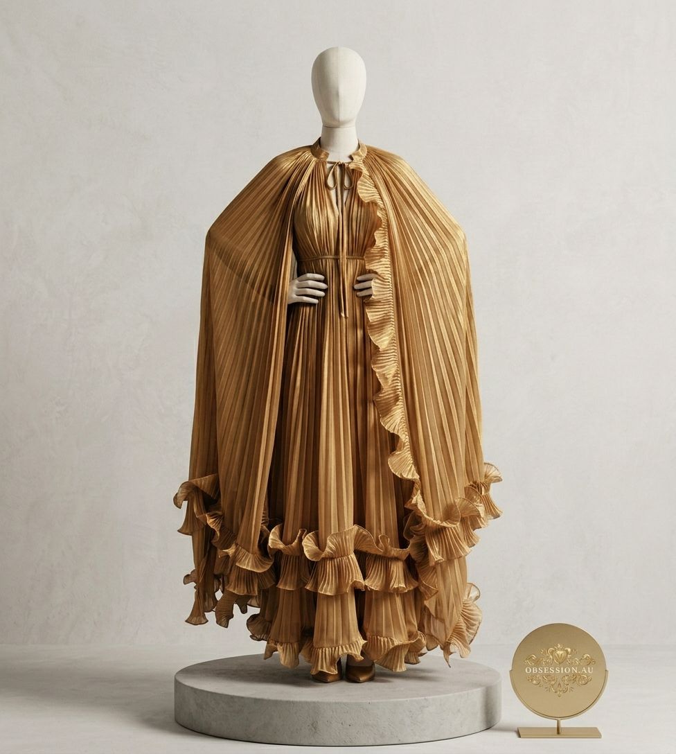 Pleated Chiffon Capelet Maxi Gown with Tiered Ruffles