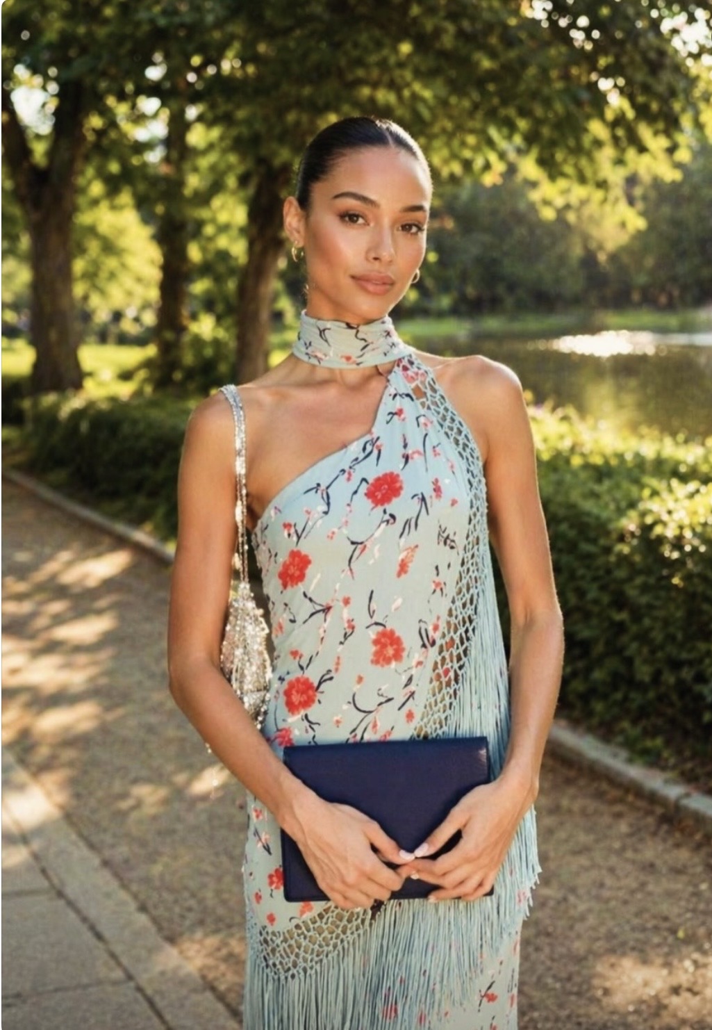 Floral Embroidered One-Shoulder Gown with Cascading Tassel Fringe