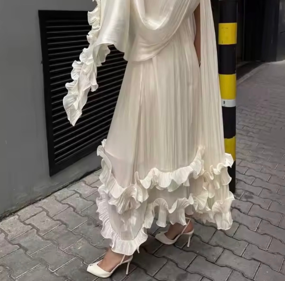 Pleated Chiffon Capelet Maxi Gown with Tiered Ruffles