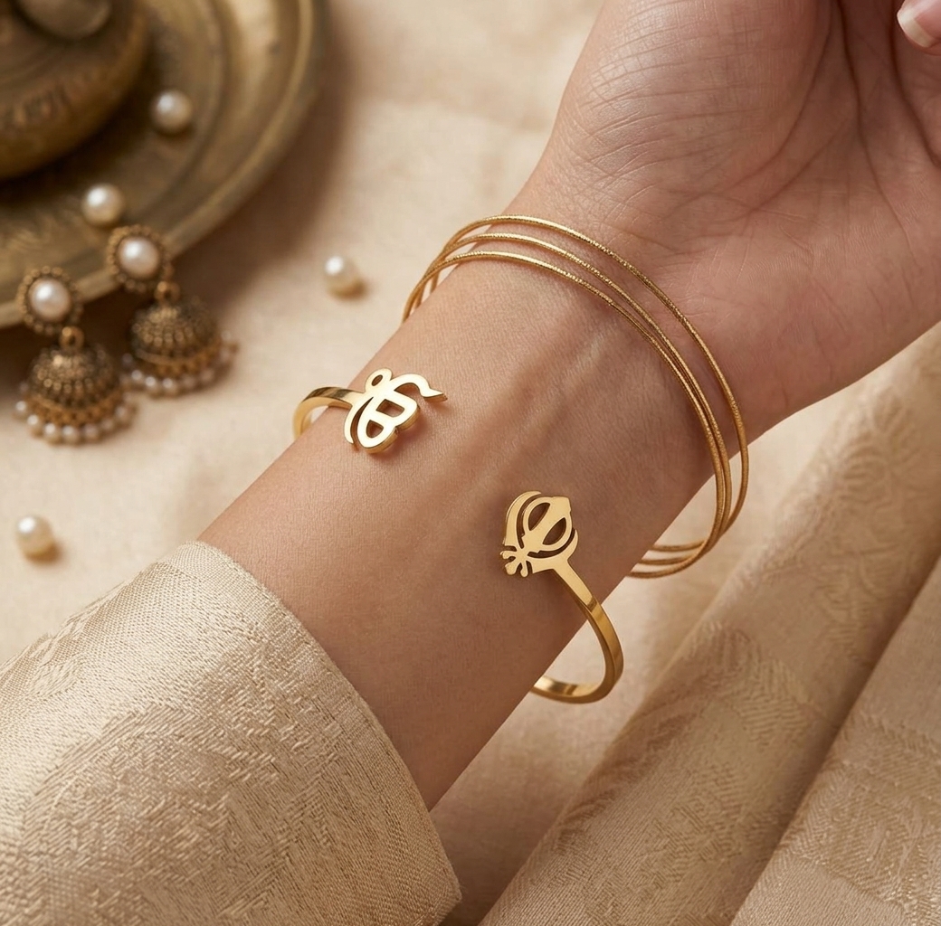 Gold-Plated Khanda & Ik Onkar Open Cuff Kada Bracelet
