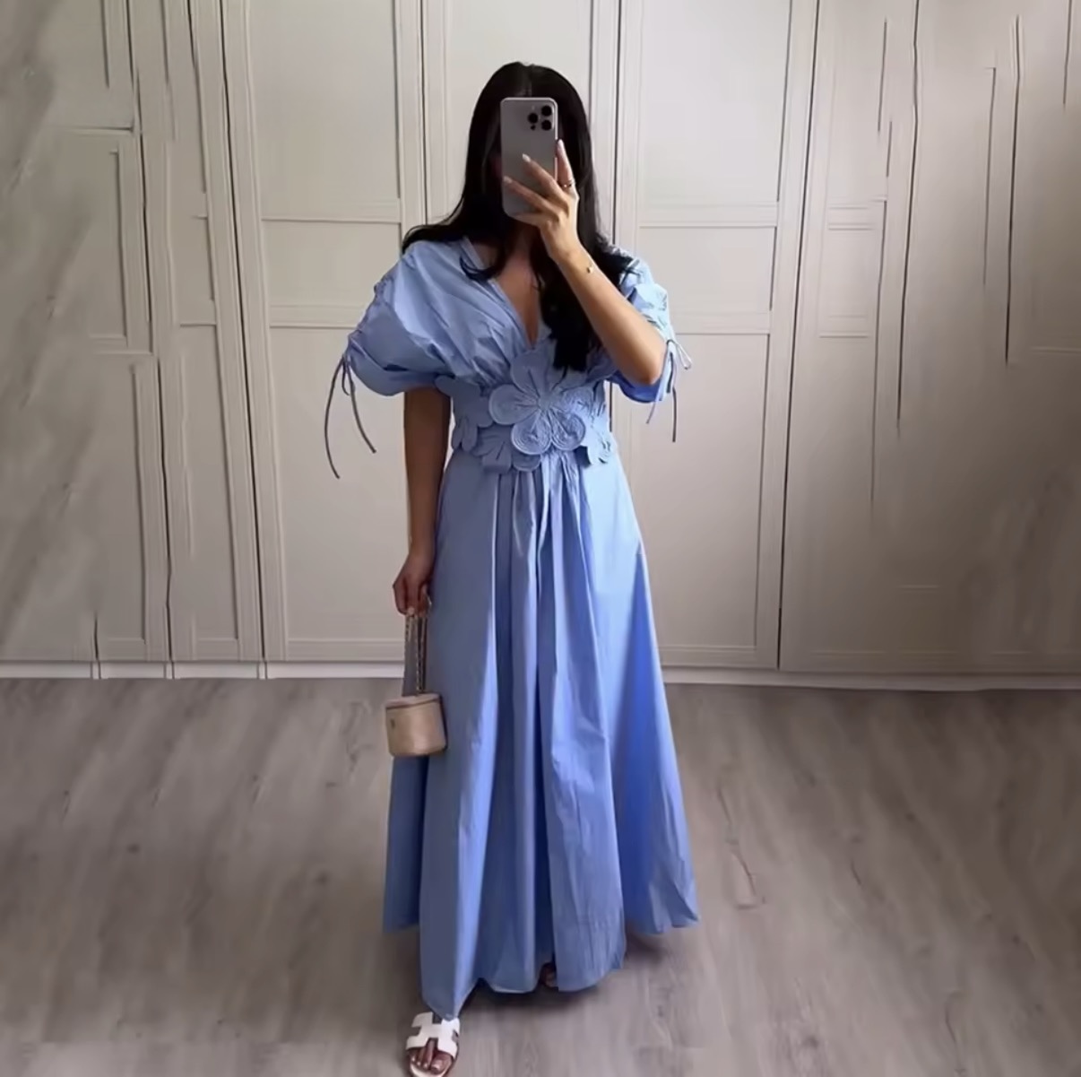 Floral Appliqué Cutout Maxi Dress with Ruched Shoulders