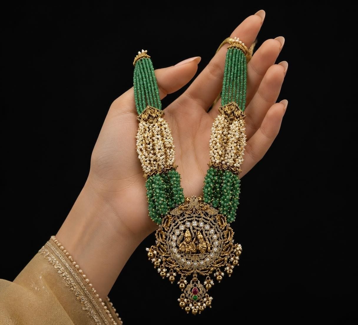 Heritage Ram Darbar Temple Haar Necklace with Pearl & Emerald Beads