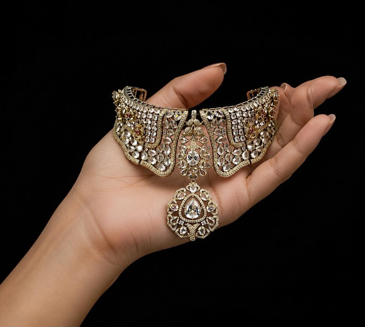 Heritage Jadau Polki Choker with Pear Medallion Drop
