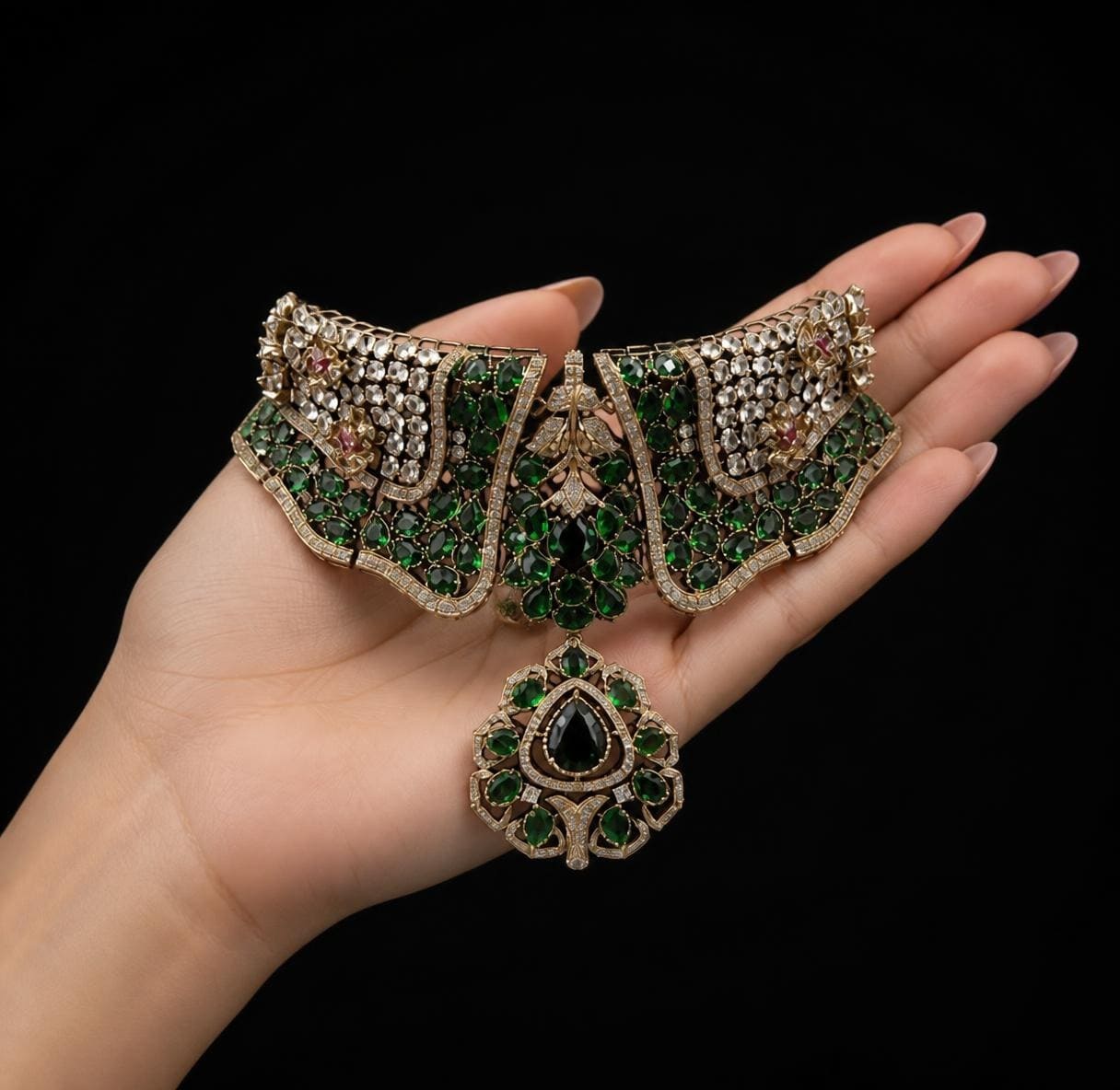 Regal Emerald & Polki Jadau Bridal Choker with Medallion Drop