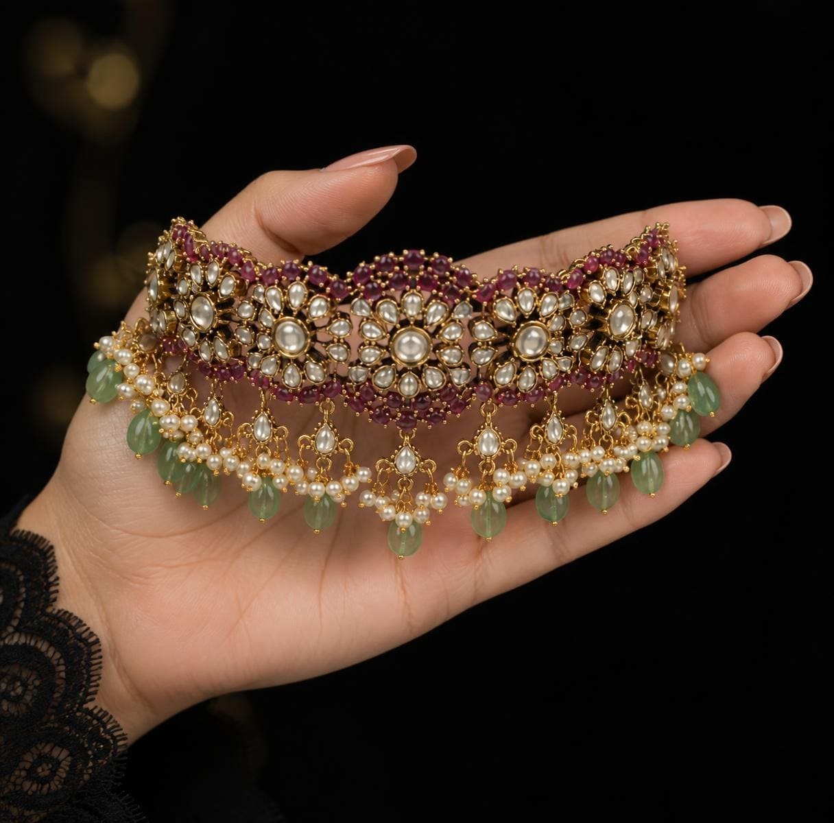 Heritage Floral Polki & Ruby Choker with Mint Bead Droplets