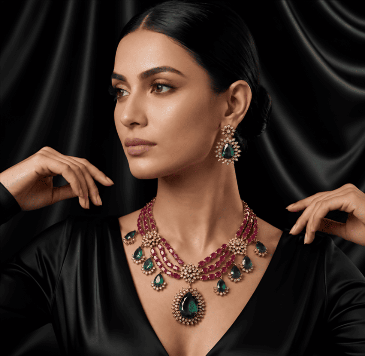 Royal Ruby Swag & Emerald Teardrop Bridal Necklace Set
