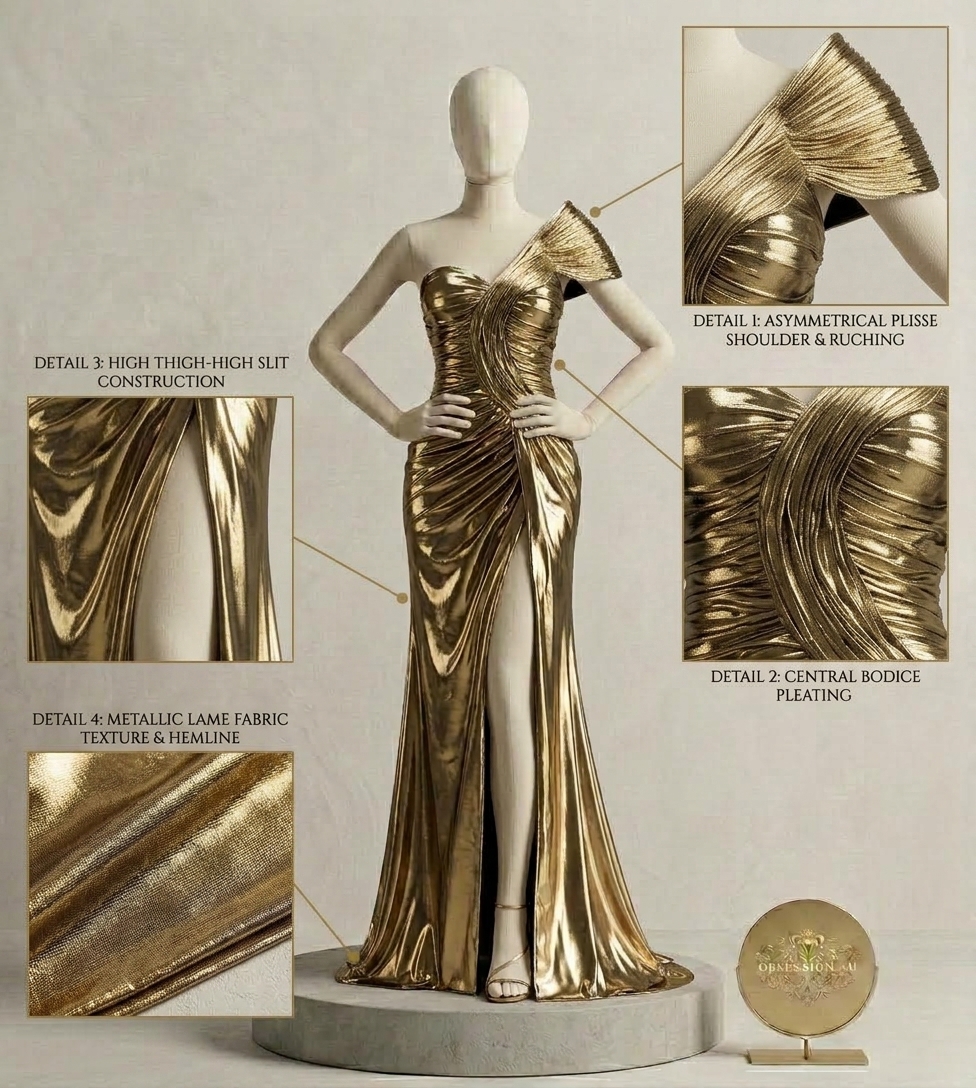 Sculptural Metallic Gold One-Shoulder Draped Evening Gown