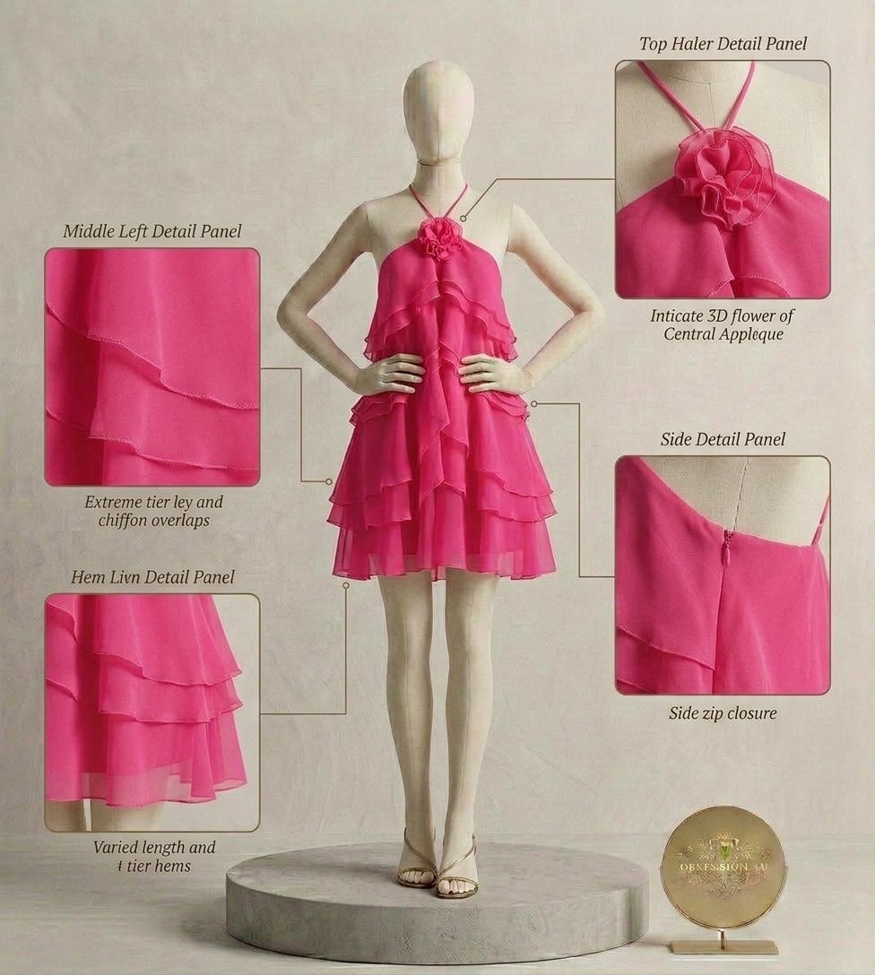 Rosette Halter Ruffled Chiffon Mini Dress