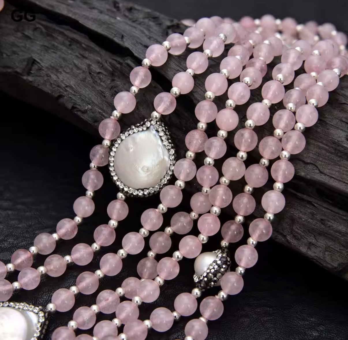 Multilayered baby pink beads with white pearls and diamonds necklace 