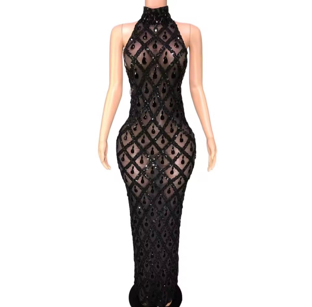 Crystal Harlequin Rhinestone & Sequin Sheer Illusion Gala Gown