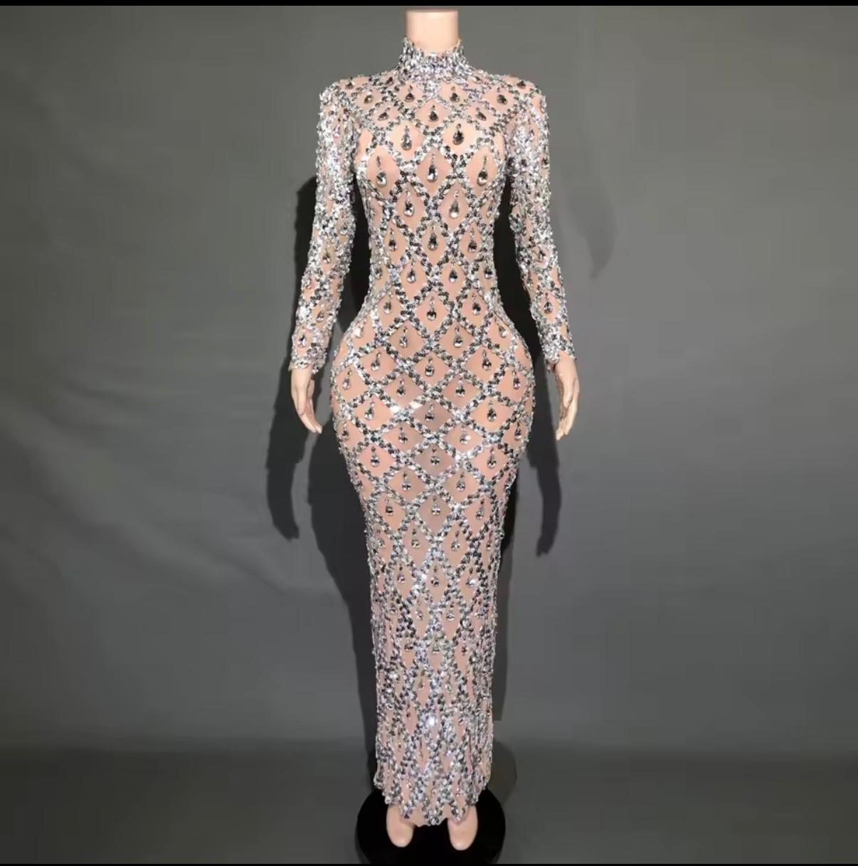 Crystal Harlequin Rhinestone & Sequin Sheer Illusion Gala Gown