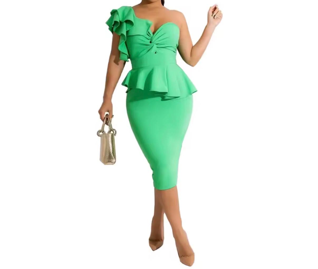 Asymmetric One-Shoulder Ruffle Peplum Midi Dress