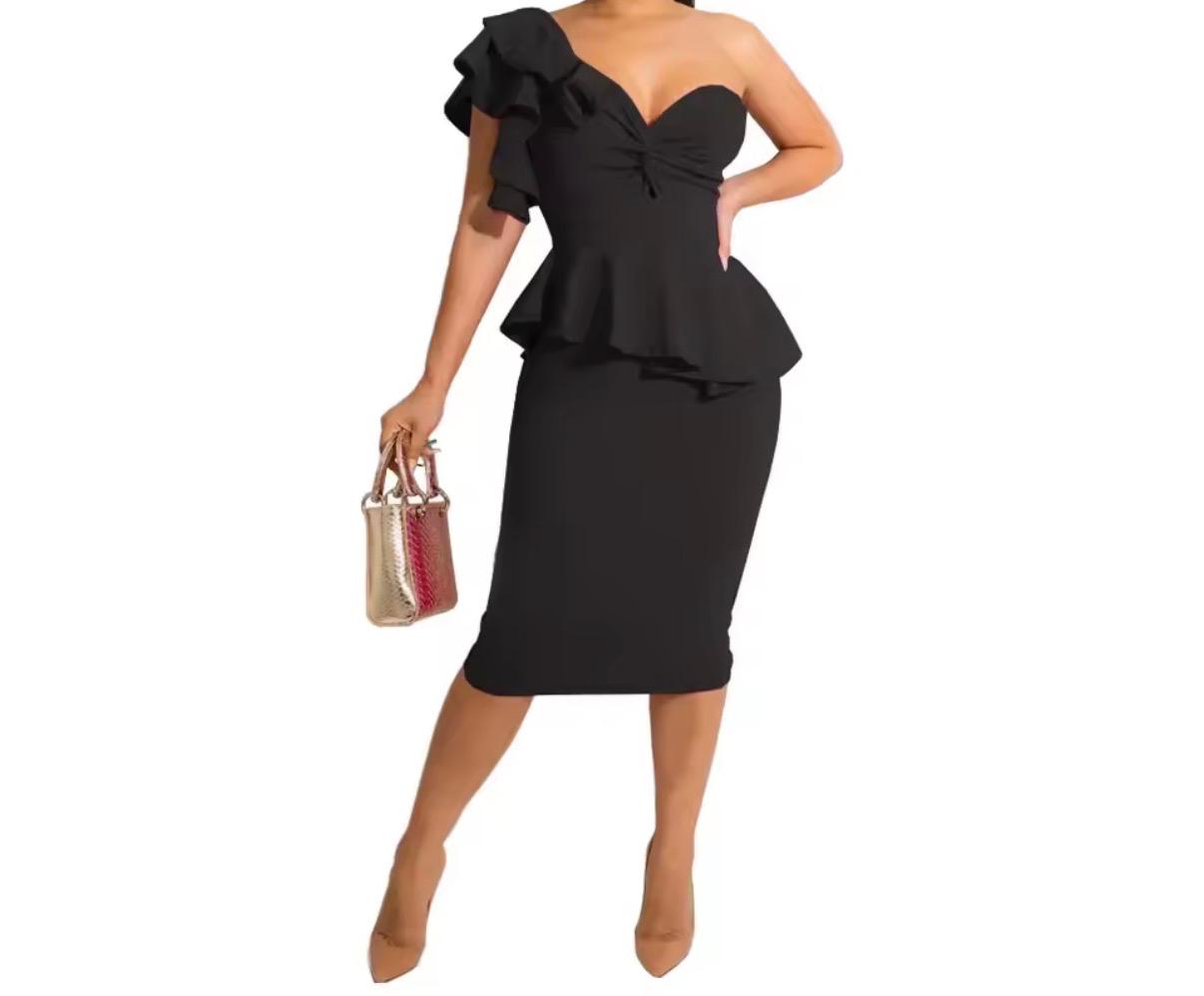 Asymmetric One-Shoulder Ruffle Peplum Midi Dress