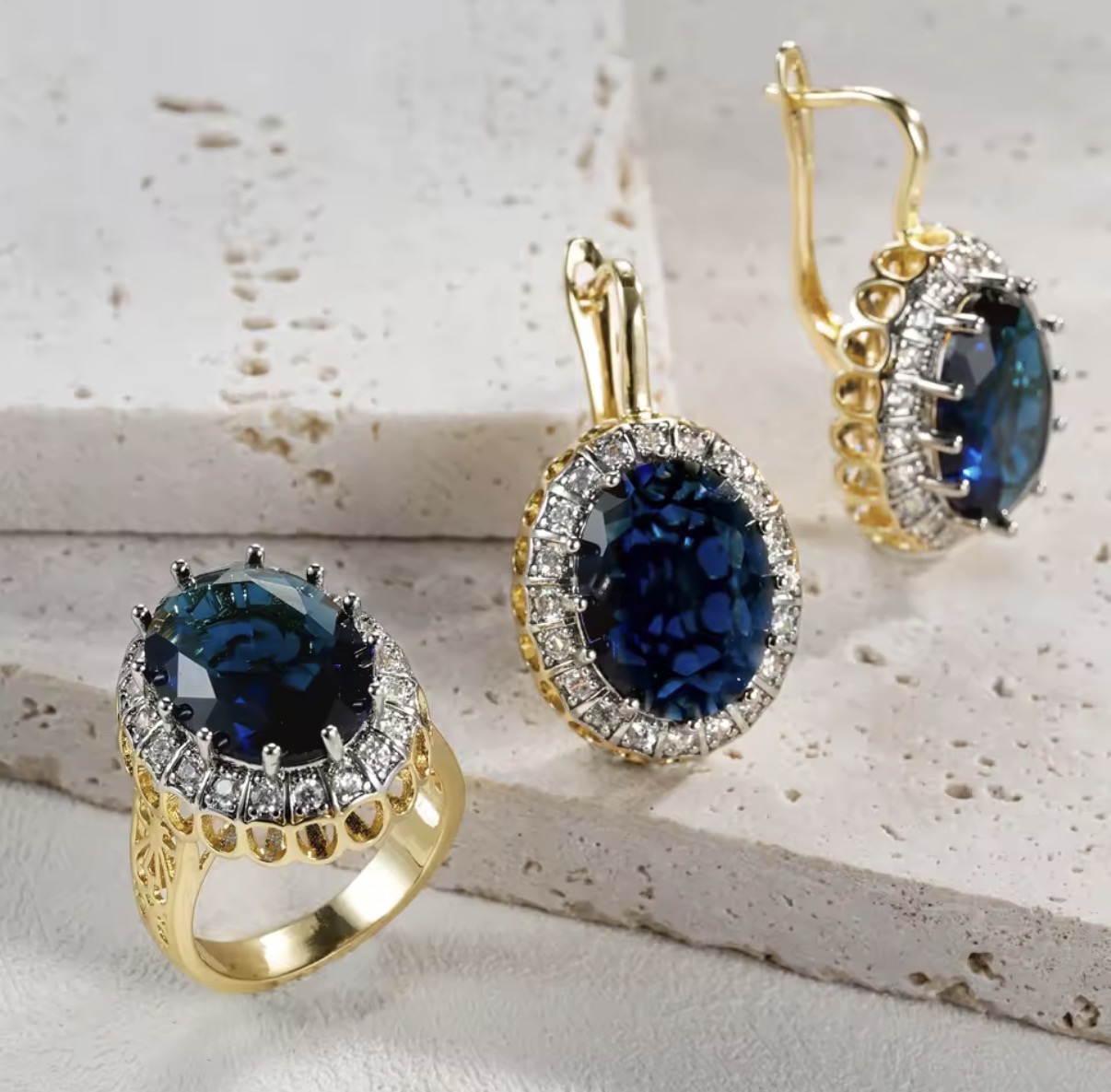 18kt gold plated coloured stone earrings and ring set