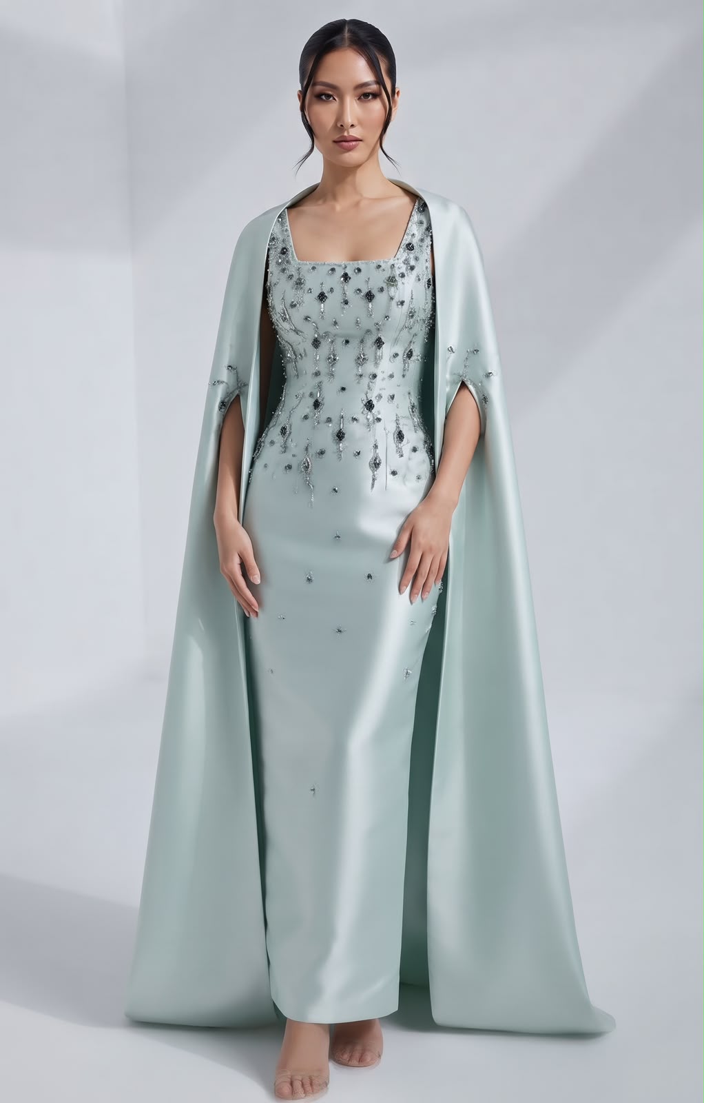 Crystal-Embellished Satin Column Gown with Floor-Length Cape