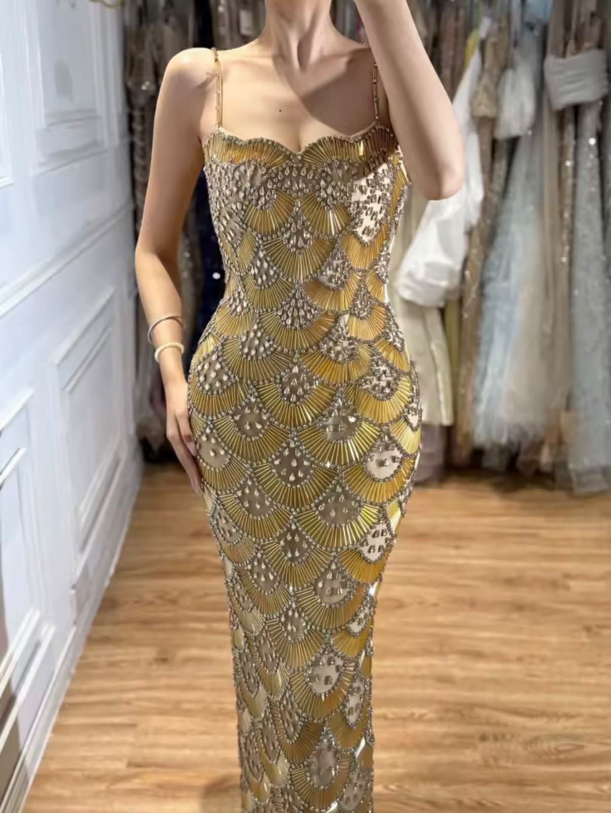 Art Deco Beaded Scallop Cami Maxi Gown