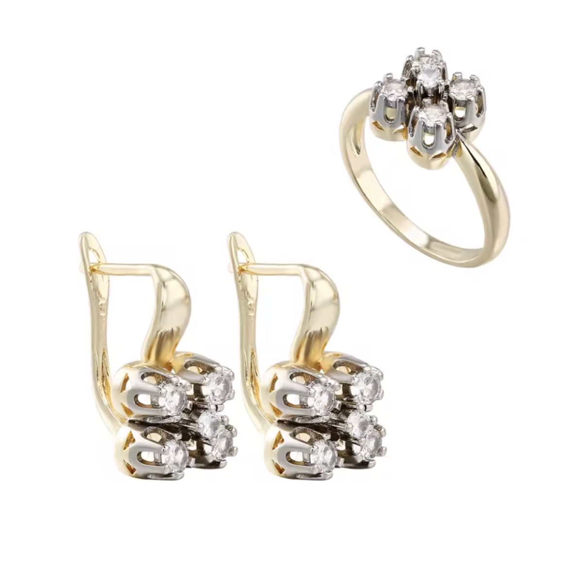 Four-stone cluster design square earrings set or clover-like pattern