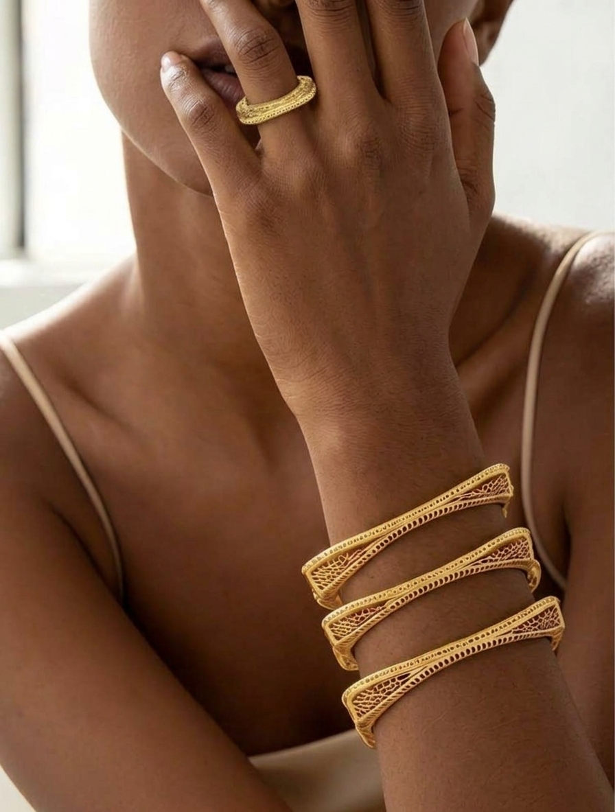 Gilded Heritage Square Cuff & Ring
