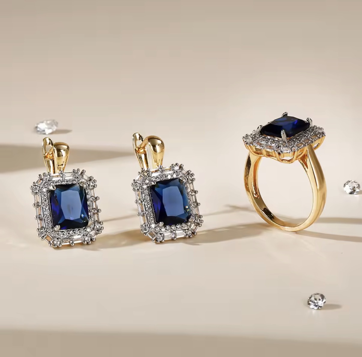 Gemstone Halo Ring & Leverback Earrings Jewelry Sets