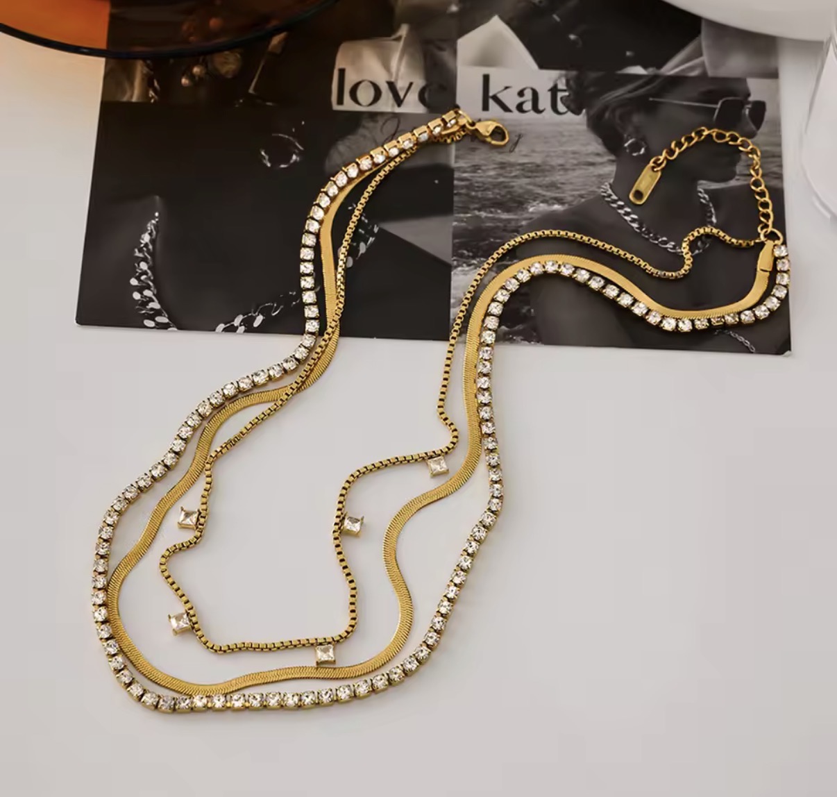 Multi-Layered Gold Snake, Paperclip & Crystal Tennis Chain Necklace