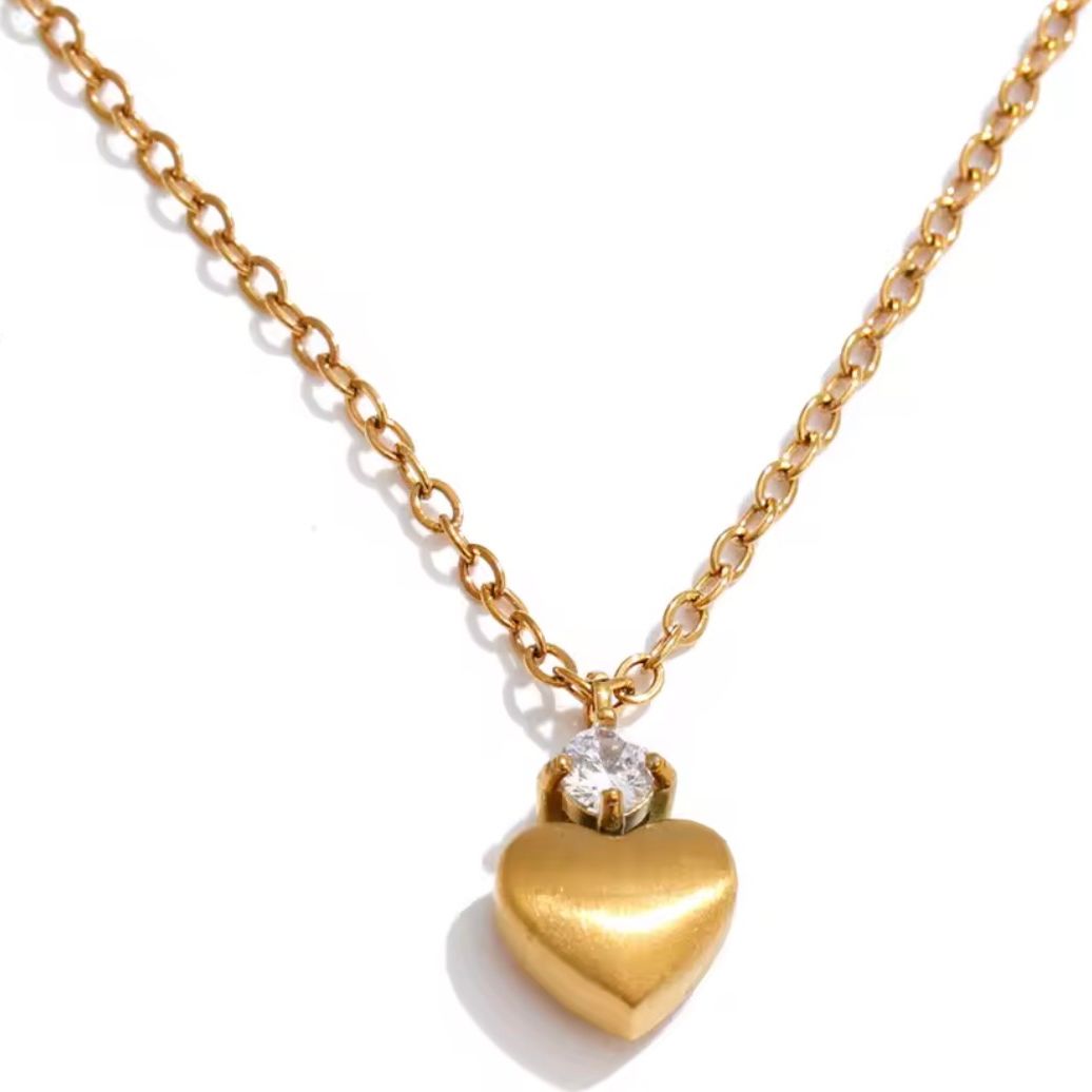 Solitaire Crystal & Puff Heart Gold Pendant Necklace