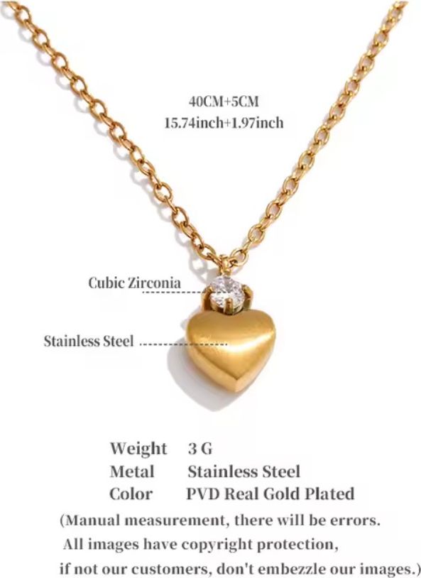 Solitaire Crystal & Puff Heart Gold Pendant Necklace