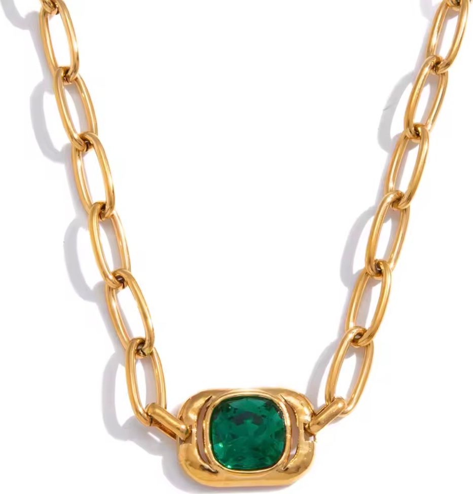 Cushion-Cut Green Gemstone Gold Paperclip Chain Bracelet