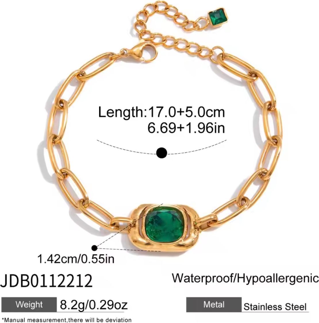 Cushion-Cut Green Gemstone Gold Paperclip Chain Bracelet