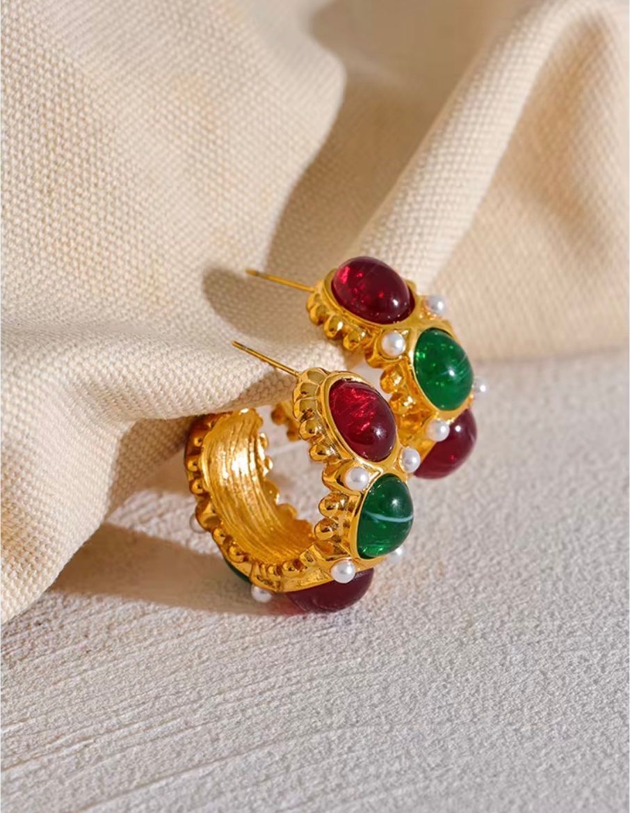 Regal Gemstone & Pearl Gold Hoop Earrings