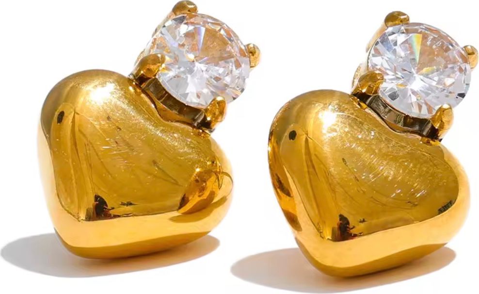 Gold Puff Heart & Crystal Solitaire Stud Earrings
