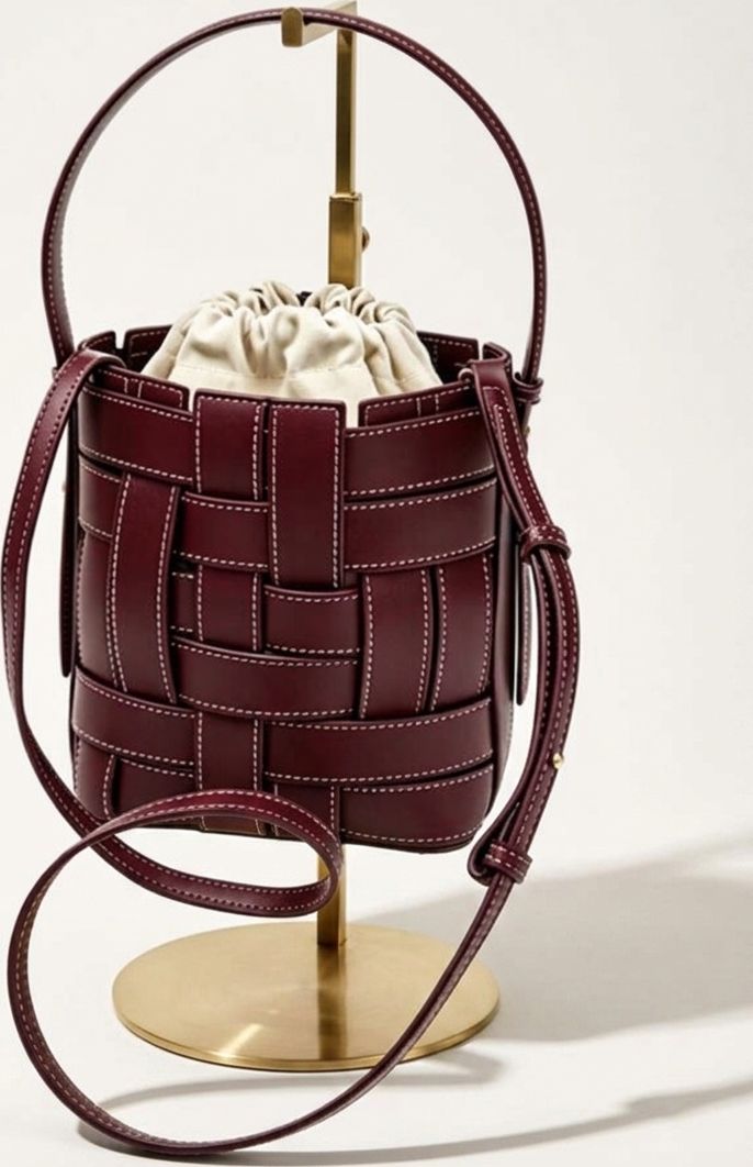 Woven Leather Bucket Bag with Drawstring Canvas Pouch