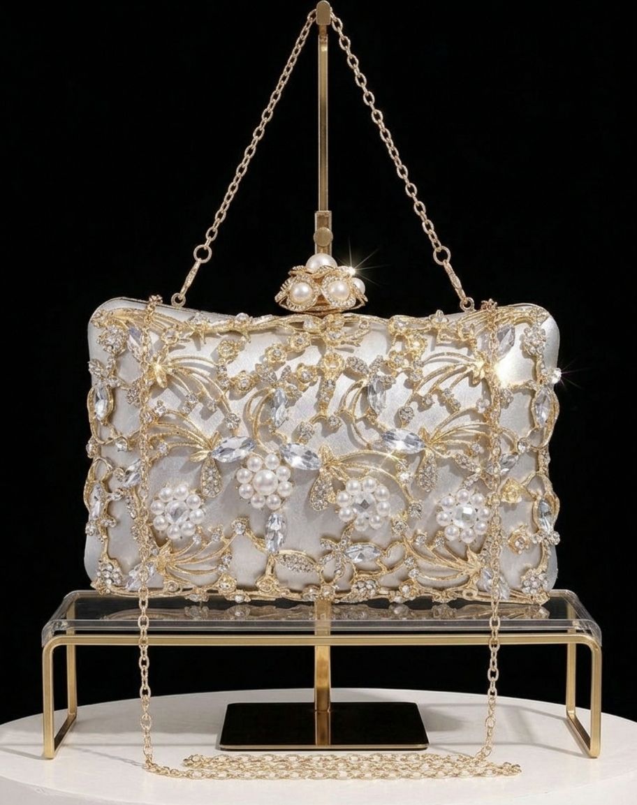Floral Filigree Crystal & Pearl Bridal Evening Clutch