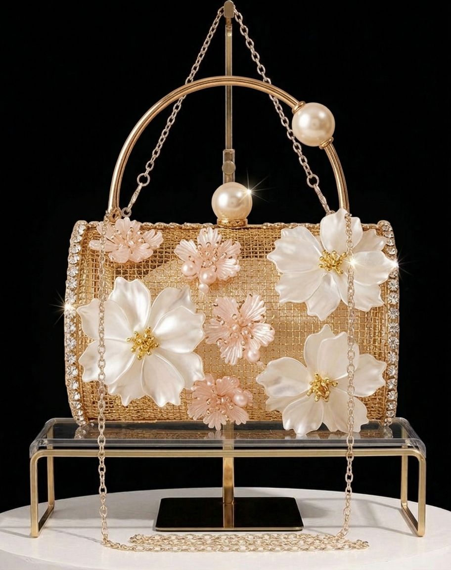 Pearl & 3D Floral Mesh Evening Cylinder Handbag