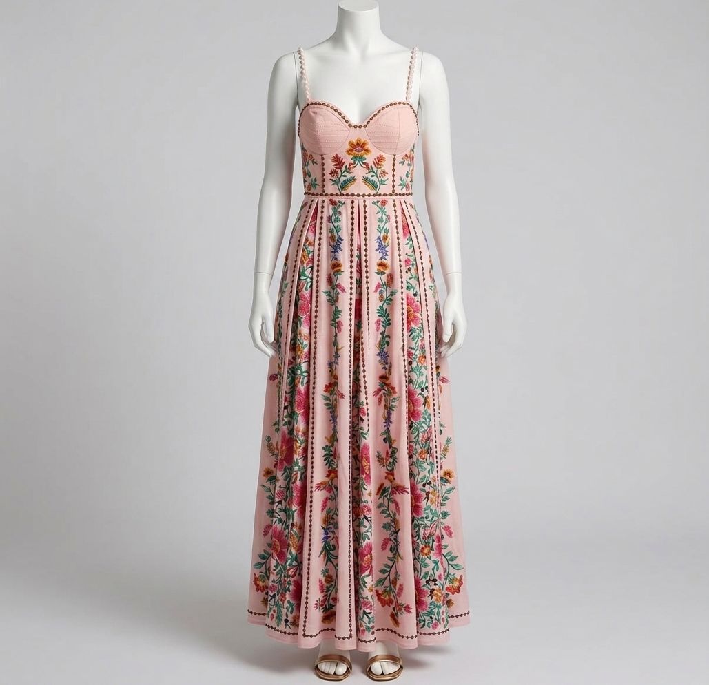 Embroidered Floral Linen Bustier Maxi Dress