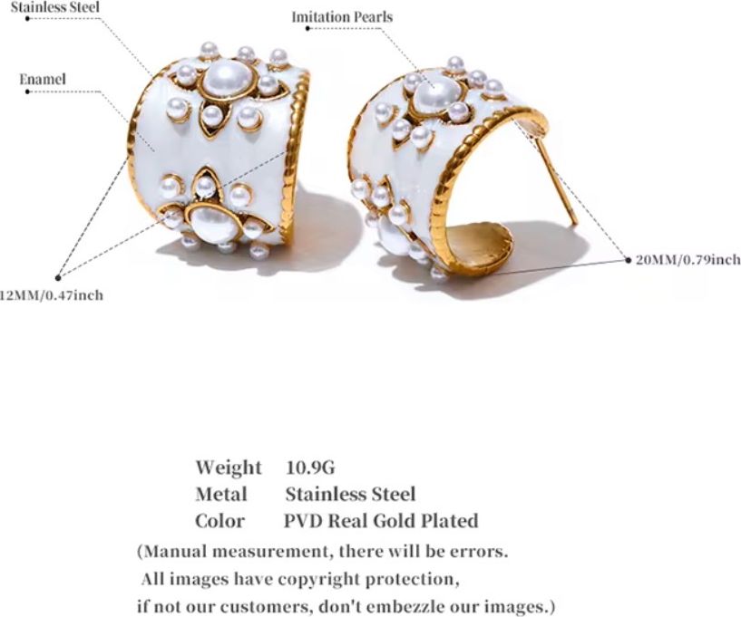 Pearl & White Enamel Floral Gold Half-Hoop Earrings