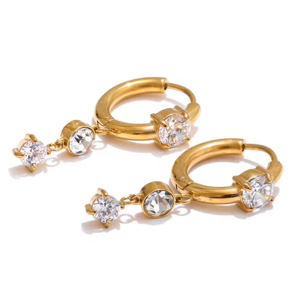Crystal Solitaire Dangle Gold Huggie Earrings