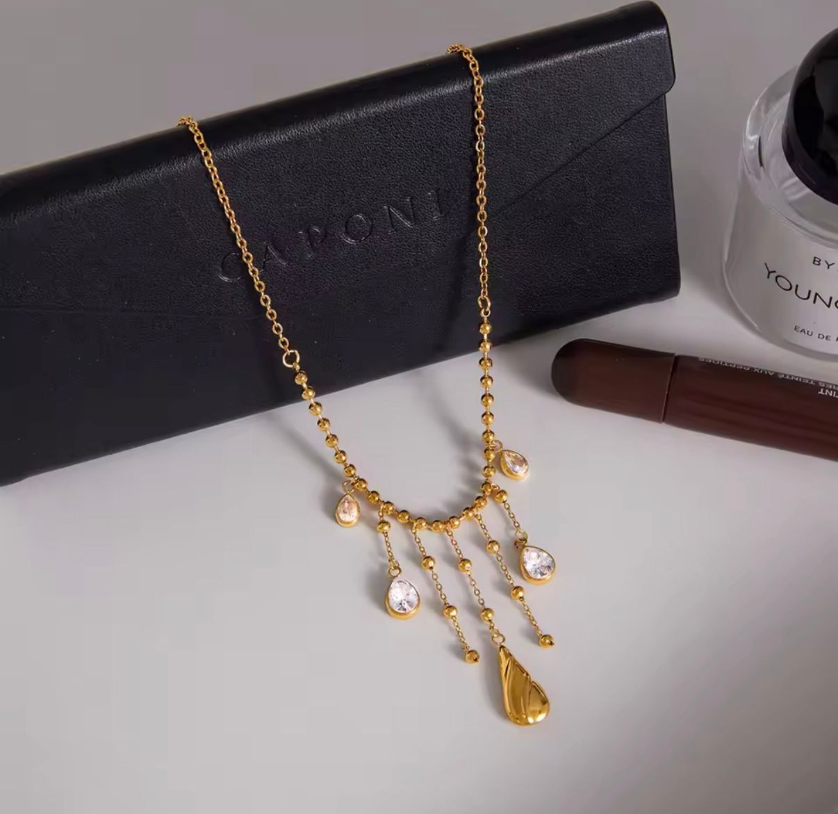 Cascading Crystal Teardrop Gold Necklace