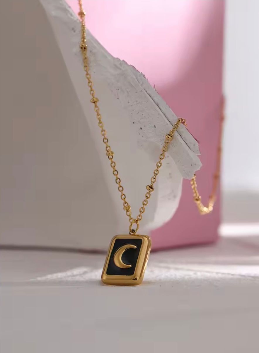 Black Enamel Crescent Moon Tag Pendant Necklace