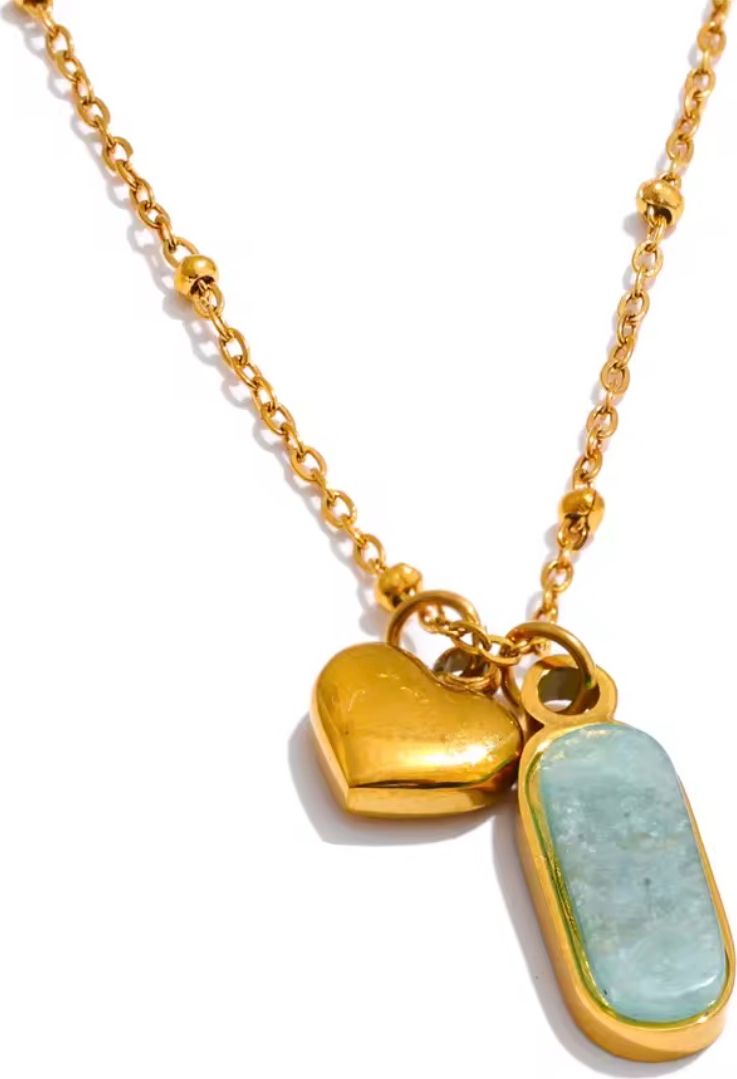 Gold Heart & Mint Stone Charm Necklace