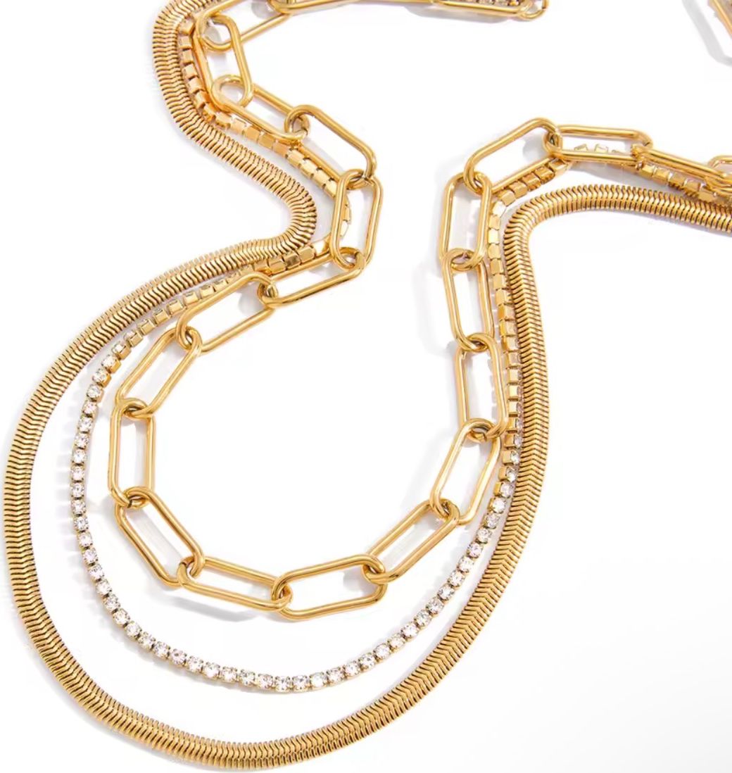 Multi-Layered Gold Snake, Paperclip & Crystal Tennis Chain Necklace