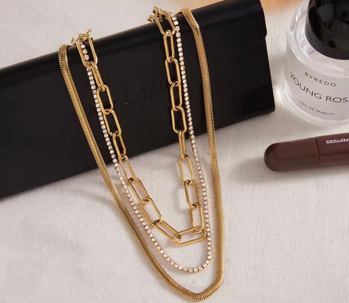 Multi-Layered Gold Snake, Paperclip & Crystal Tennis Chain Necklace