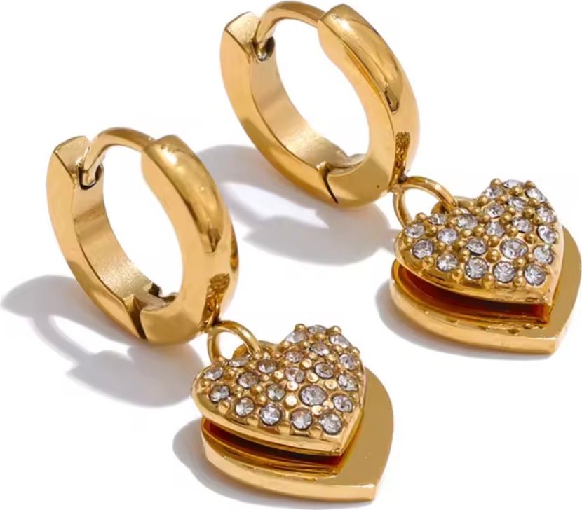 Layered Crystal Heart Huggie Drop Earrings