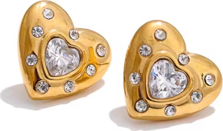 Crystal-Encrusted Gold Heart Stud Earrings
