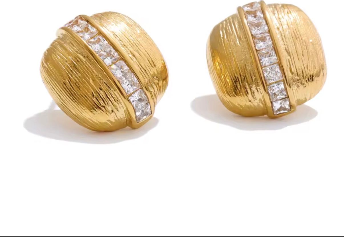 Textured Gold Channel-Set Crystal Dome Stud Earrings
