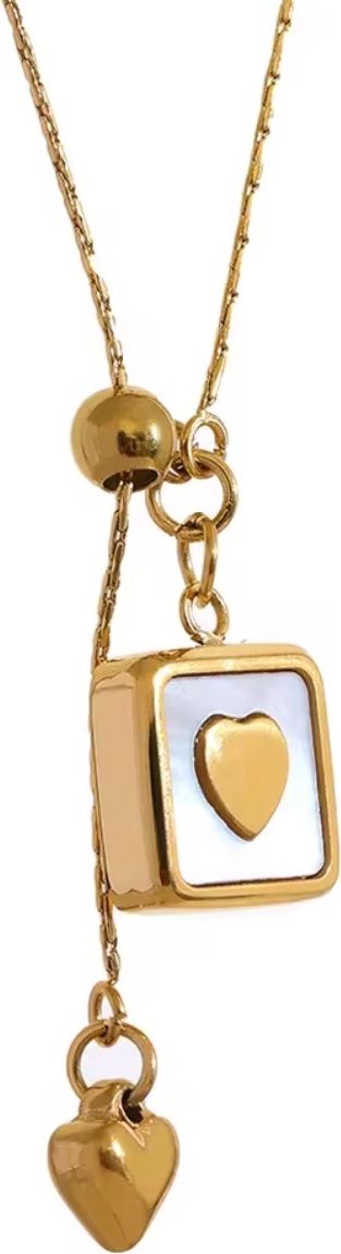 Mother of Pearl Heart Tag Lariat Gold Necklace