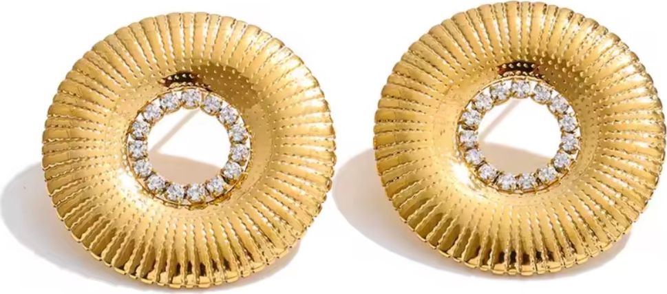 Ribbed Gold Disc & Crystal Halo Stud Earrings