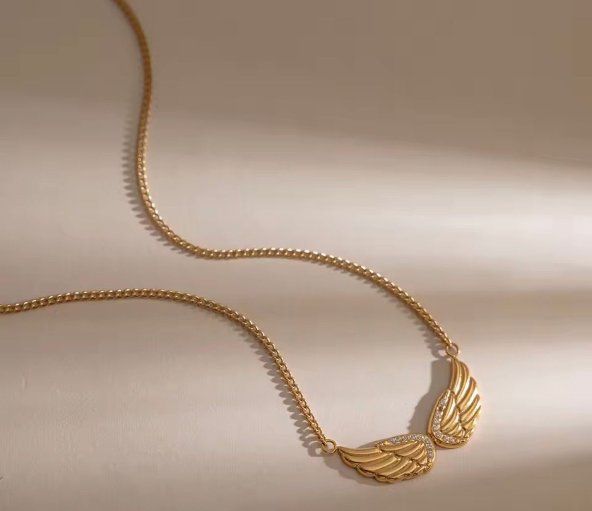 Crystal-Paved Angel Wings Gold Pendant Necklace