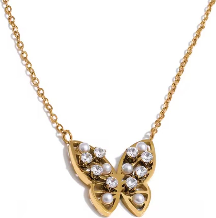 Pearl & Crystal Butterfly Gold Pendant Necklace