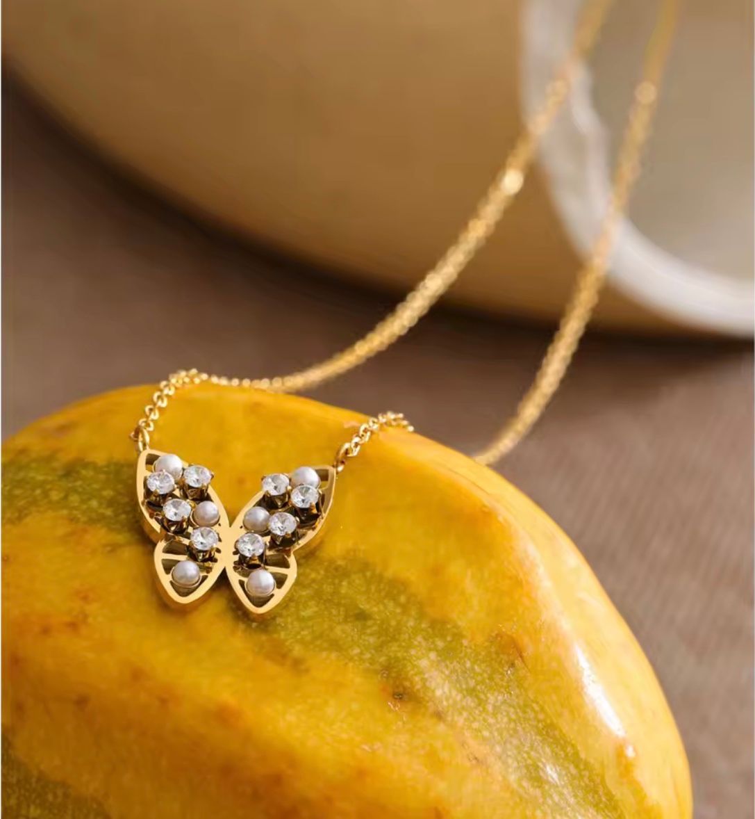 Pearl & Crystal Butterfly Gold Pendant Necklace